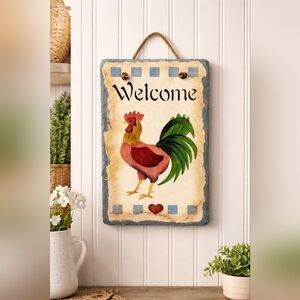 Rustic Rooster Welcome Sign Farmhouse Kitchen Wall Decor Hanging Slate Plaque